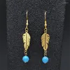 Boucles d'oreilles ethniques plume bleu pierre perles balancent femmes acier inoxydable couleur or Boho goutte boucle d'oreille bijoux faits à la main cadeau E3561S0