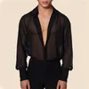 Męskie koszule na letnie letnią siatkę seksowną v szyję długie rękaw dla mężczyzn oddychający nocny klub kostium gotycki street bluzka