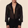 Men's Casual Shirts Summer See-through Mesh Sexy V Neck Long Sleeve For Men Breathable Night Club Stage Costume Gothic Street Blouse