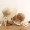 Berets Süße Lolita Spitze Bogen Hüte Breiter Krempe Strand Band Stroh Kappe Weibliche Elegante Berufung Hut Solide Fringe Panama Caps sommer Fedoras