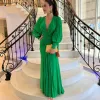 Elegante brasileiro longo verde vestidos de noite com decote em v chiffon com mangas compridas sereia plissado varredura trem vestidos de festa para mulher