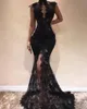 Evening Dresses Black Lace Prom Party Gown Formal Custom New Zipper Lace Up Plus Size Mermaid Applique High Neck Sleeveless