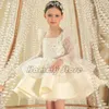 Pink Ruffles Flower Dresses For Wedding Shiny Long Sleeve Little Girl Bling Pageant Ball Gown Appliced ​​Spets Kids Toddar Formal Party Wear