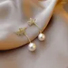 Dangle Earrings Korean Fashion Rhinestone Metal Bowknot Pearl Pendant 2023 Trend Bow Pearls Drop for Women Girls Teens Teens Jewelry198K