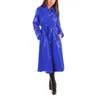 Women's Trench Coats Sexy Wet Look PVC Leather Turn-down Collar Midi For Womens Shiny Faux Button-Up Long Sleeve Dress With Belt