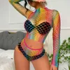 Sexig uppsättning Rainbow Pride Fishnet Dress Bodysuit Hollow Out Sexiga underkläder Ladies Color Show Hip Jumpsuit 18+ 230808