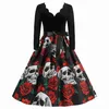 Kostium motywu Retro Halloween Costume Scary Party Dress Women 2023 V-Neck Długie rękawie szkielet czaszka GOTH Cosplay Pinup Zaznacz Mujer x1010