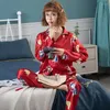 Kvinnors sömnkläder Silk Pyjamas Suit Ladies Thin Two-Piece Long-Sleeved Home Clothing Cute Plus Size Robe Set