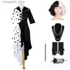 Tema Costume Ragazze Donne Evil Madame Crudelia De Vil Come Cosplay Abito Nero Bianco Cameriera Guanti Guanti Parrucca Halloween Party Fancy Dress Q231010