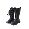 Botas meninas altas crianças moda sólida preto uniforme festa sapatos zip inverno quente respirável saltos baixos crianças