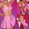 Roupa de banho feminina moda pescoço sutiã tanga conjunto luz rosa brilhante couro maiô saia sexy três peças beachwear roupa de banho