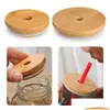 Drinkware Lid Factory Tapa de tapa de bambú Tapas de tarro de madera reutilizables 70 mm con orificio St y sello Sile Drinkware para enlatar tarro para beber Dh1On