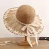 Berets Sweet Lolita Lace Bow Hats Wide Brim Beach Ribbon Straw Cap Female Elegant Vocation Hat Solid Fringe Panama Caps Summer Fedoras