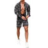 Tracksuits masculinos moda homens define verão 2021 lapela impressão camisas de manga longa calças curtas casual juventude magro praia terno tendência m252p