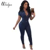 Wendywu artı boyutu kaliteli kot pul kadınlar için tulumlar Kısa kol moda kurşunlu ve tulumlar 2018 denim teftiş228c