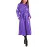 Women's Trench Coats Sexy Wet Look PVC Leather Turn-down Collar Midi For Womens Shiny Faux Button-Up Long Sleeve Dress With Belt