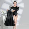 Сценическая одежда, модные платья для соревнований по бальным танцам, черный латинский топ с рюшами для девочек, длинная юбка, детская современная танцевальная одежда SL9105