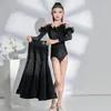 Stage Wear Fashion Ballroom Dance Concours Robes Filles Noir Volants Latin Top Jupe longue Enfants Vêtements de danse moderne SL9105