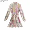 Zevity Women Elegant Pink Flower Print Breasted Shirtdress Female Long Sleeve Bow Sashes Vestido Chic A Line Mini Dresses DS8173 2258y