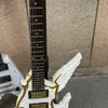 Chitarra elettrica split a 6 corde Angel Wings incisa, corpo bianco con bordo dorato