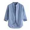 Men's T-Shirts Casual Stand Summer Top Sleeve Button Shirt 7 Cotton Striped Points Collar Blouse Mens194j