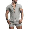 Tute da uomo Tinta unita Risvolto Zip Coulisse Home Pagliaccetto Pigiama Estate Slim-fit Elastico Esercizio Fitness Abbigliamento da allenamento