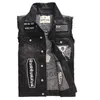 Skull Biker Vest Mens Punk Patches Patchwork Denim Vest Skeleton Embroidery Slim Fit Waistcoat Black Hip Hop265B