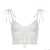 Débardeurs pour femmes Débardeur en dentelle blanche Femmes Vêtements Tie Up Bow Crop Tops Sexy Streetwear Open Back Volants Voir à travers Camisole Bustier côtelé