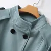 Femmes en cuir Faux bleu véritable Trench Coat pour femmes double boutonnage ceinture à lacets en peau de mouton vêtements d'extérieur col montant dames en peau d'agneau 231010