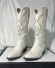 Buty Bonjomarisa White Cowboy Western Knee High Boots Design Chunky Obcina Spiczast palce na jesienne długie buty Riding Buty 231009