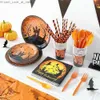 Altri articoli per feste per eventi Set di stoviglie usa e getta di Halloween Piatti di carta Tazze Tovaglioli Tovaglia Castello Decorazione di zucca 2023 Q231010