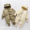 Para baixo casaco de inverno bebê meninos bodysuit algodão acolchoado mais veludo grosso infantil meninos macacão com capuz simples quente nascido meninos macacão 231009
