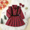 PudcocoKid Meisje Herfst 3 Stuks Outfit Plaid Print Ruches Lange Mouw Revers Shirt Tops A-lijn Rok Strik Hoofdband Set Kleding 2-7T