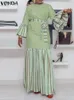 Vestidos Casuais Básicos Vonda Bohemian Dress 2023 Outono Mulheres Long Flare Manga Vintage Sundress Solto Cinto Patchwork Maxi Robe Femme 231009