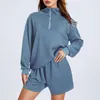 Koşu Setleri Kadınlar 2 Parça Sonbahar Düz Renk Aktif Giyim Uzun Kollu Stand Yakası Zipper Sweatshirt ve Şort Egzersiz Kıyafetleri