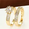 Solitaire Anel Conjuntos de Jóias de Casamento Charme Cor de Ouro Noivado Brilhante Zircão Branco Conjunto Menina Luxo Cristal Floco de Neve Anéis Duplos Para Mulheres 231010