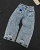 Jeans da uomo 2023 American High Street alla moda vita retrò Harajuku ricamo teschio pantaloni larghi a gamba dritta oversize per uomo