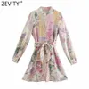 Zevity Women Elegant Pink Flower Print Breasted Shirtdress Female Long Sleeve Bow Sashes Vestido Chic A Line Mini Dresses DS8173 2258y