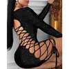 Vestidos casuais moda mulheres sexy bling bodycon mini vestido manga longa glitter bandagem oco out lace up noite festa clube ladie2246