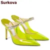 Scarpe eleganti Surkova Pantofole di cristallo in PVC rosa verde lime Cinturino con strass scintillanti Décolleté con tacchi a spillo a punta da sposa trasparenti