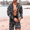 Tracksuits masculinos moda homens define verão 2021 lapela impressão camisas de manga longa calças curtas casual juventude magro praia terno tendência m252p