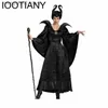 Disfraz temático Maléfica Halloween Vestido para adultos Ropa de bruja con cuernos maléficas Sombrero Traje Mujer Vestido malvado Demon Queen Q240307