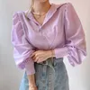 Blusas de mujer, camisa con manga de linterna para mujer, Blusas holgadas con un solo pecho, blusas coreanas de tendencia de otoño para mujer, Top morado X018 2023