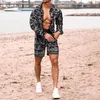 Tracksuits masculinos moda homens define verão 2021 lapela impressão camisas de manga longa calças curtas casual juventude magro praia terno tendência m252p