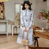 Women's Trench Coats Spring Fall Women Double Breasted Slim Buttons Dobby Floral Grey Coat Woman Clothing Elegant Silver Jacquard