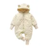 Para baixo casaco de inverno bebê meninos bodysuit algodão acolchoado mais veludo grosso infantil meninos macacão com capuz simples quente nascido meninos macacão 231009