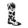 Botas Zapatos para Mujeres Vaca Chunky Heel Knight Mid-Calf Square Toe Tamanho Grande Slip-on Handmade Print Vintage