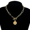 Collane con ciondolo Collana con monete intagliate vintage per le donne Medaglione in acciaio inossidabile color oro Girocollo lungo Gioielli Boho Collier275w