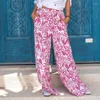 Women's Pants 2023 Vintage Hight Street Trousers Summer Casual Elastic Waist Printed Wide Leg Pocket Loose Beach Long