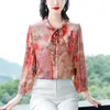 Women's Blouses Satin Shirts Spring/Summer 2023 Silk Vintage Prints Bow Ladies Clothing Loose Long Sleeves FASHION Tops